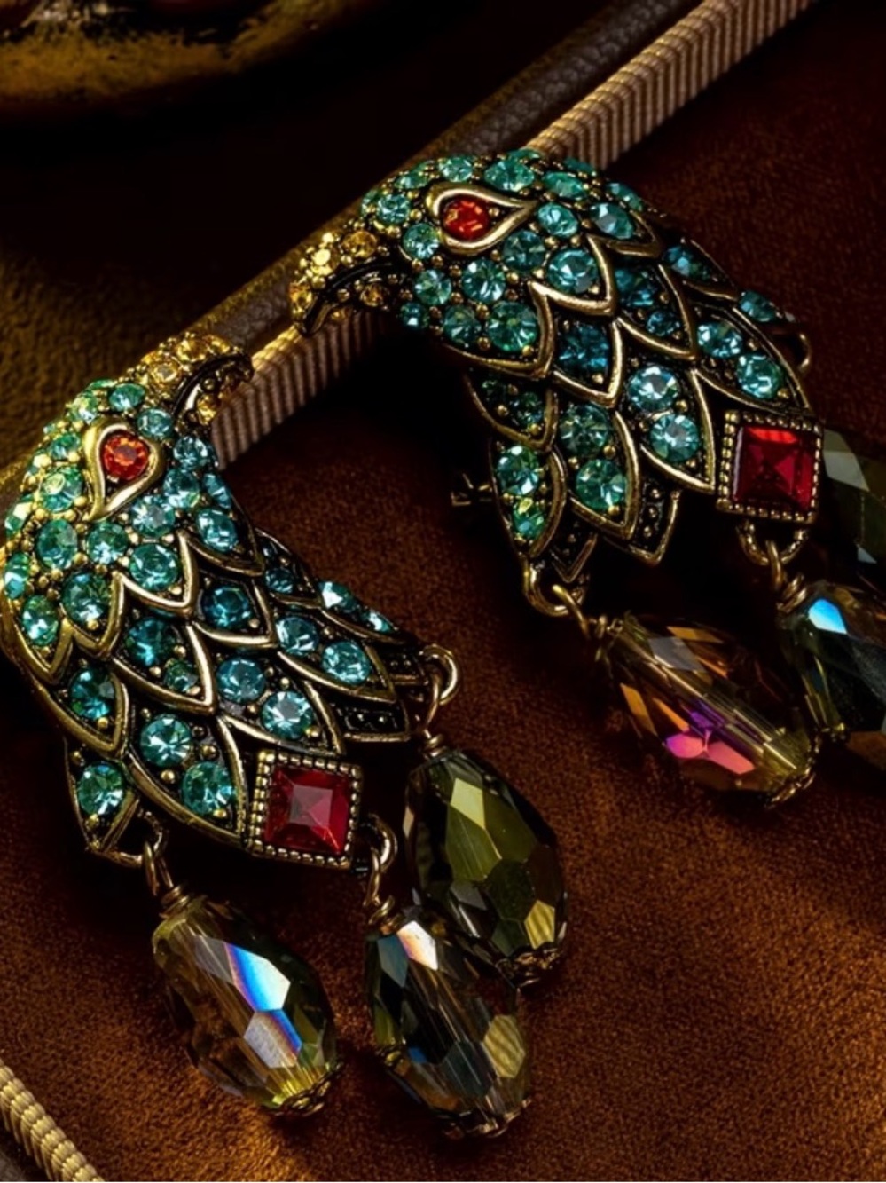 Vintage-Style Parrot Drop Earrings with Turquoise Crystals NWOT